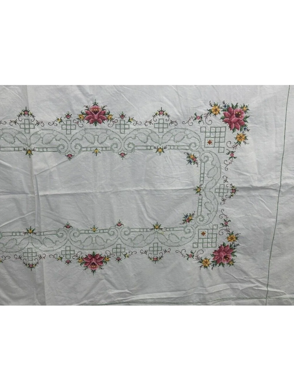 Vintage Geometric Floral Embroidery Cross Stitch Flowers Tablecloth Topper 63x96